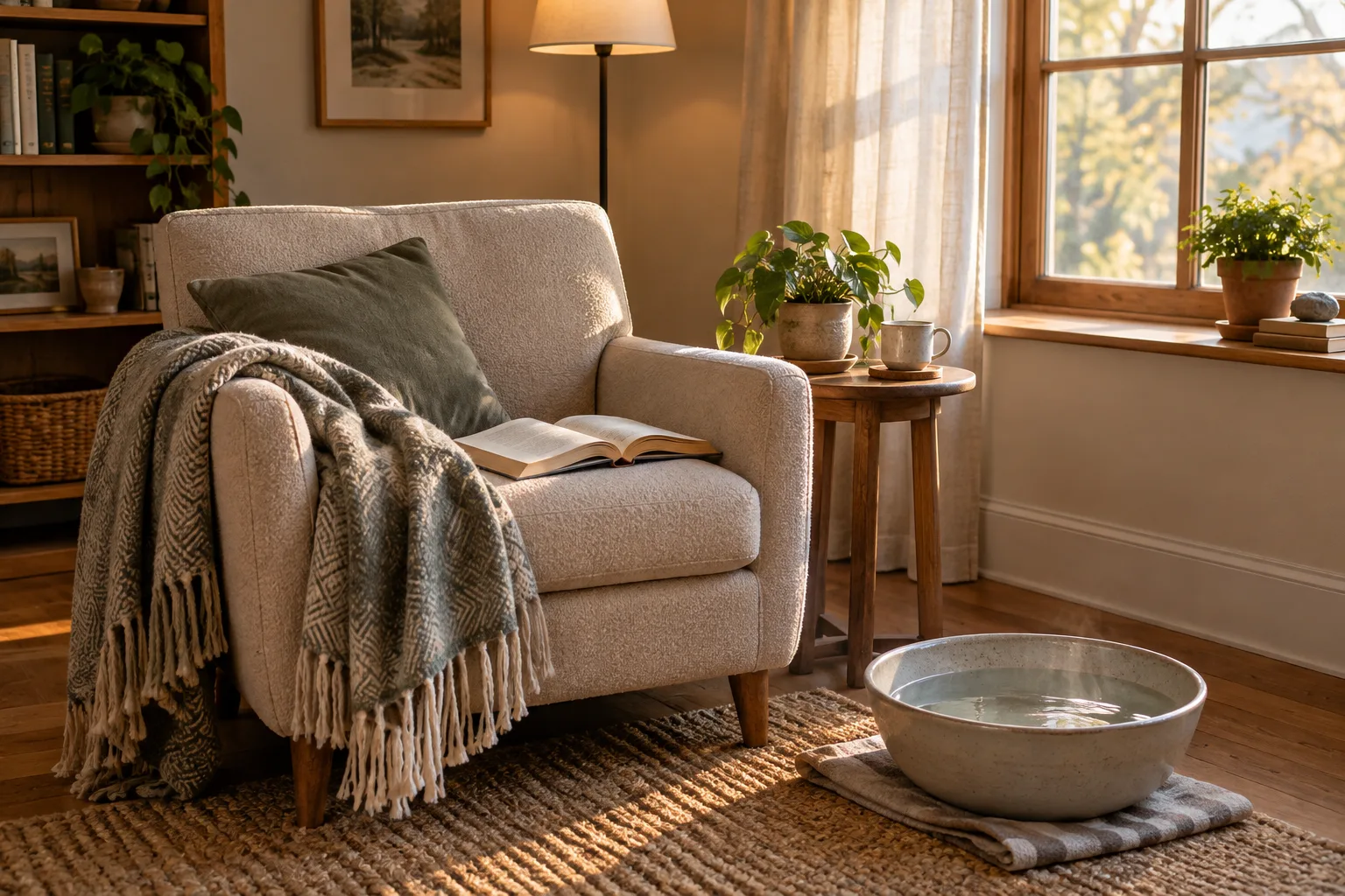 Un coin paisible à la maison avec un fauteuil, un livre ouvert, une plante et une bassine posée près d’une serviette.