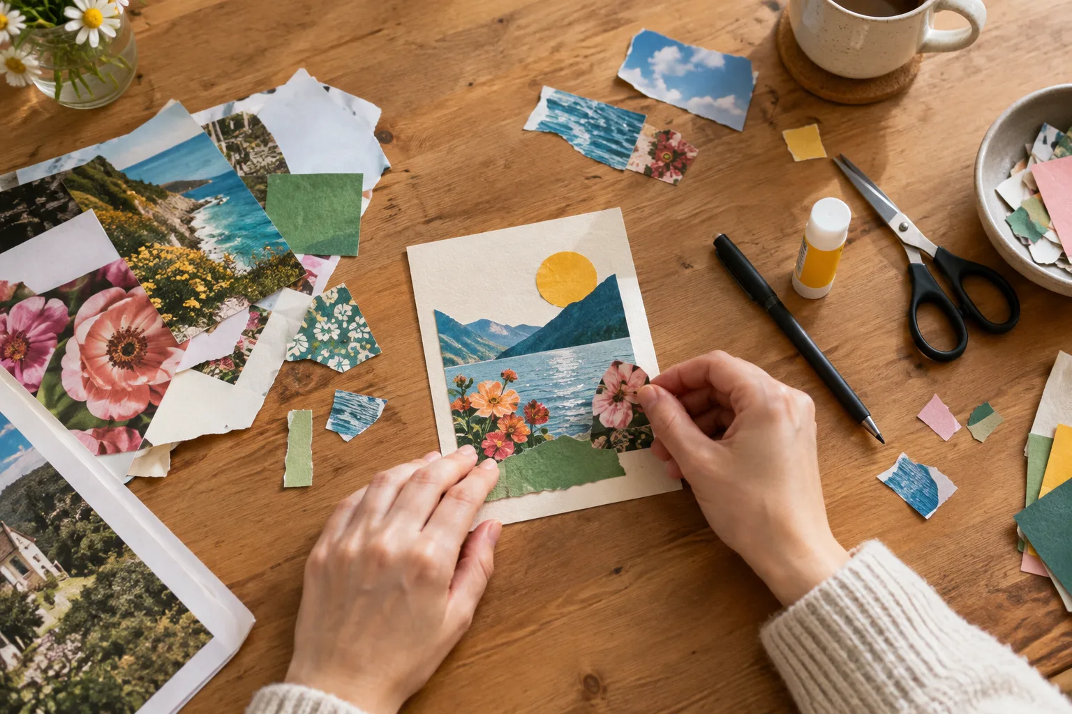 Des mains composent une carte postale avec des papiers colorés, des ciseaux et un stylo sur une table.