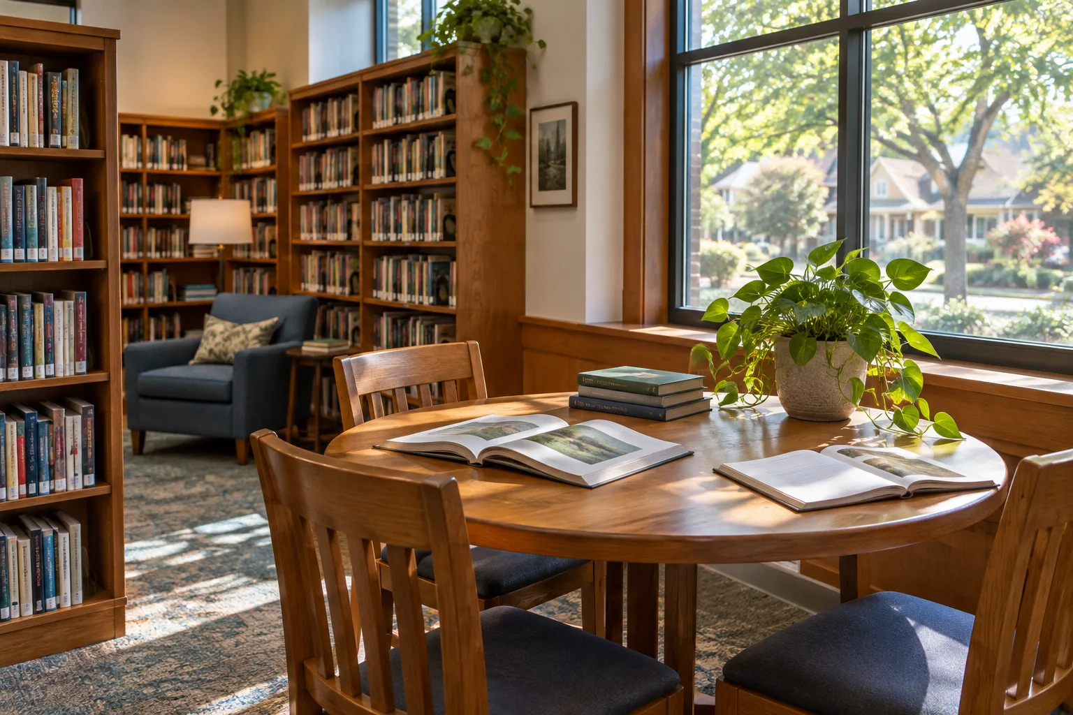 Une table avec des livres ouverts près d’une fenêtre lumineuse dans une bibliothèque.