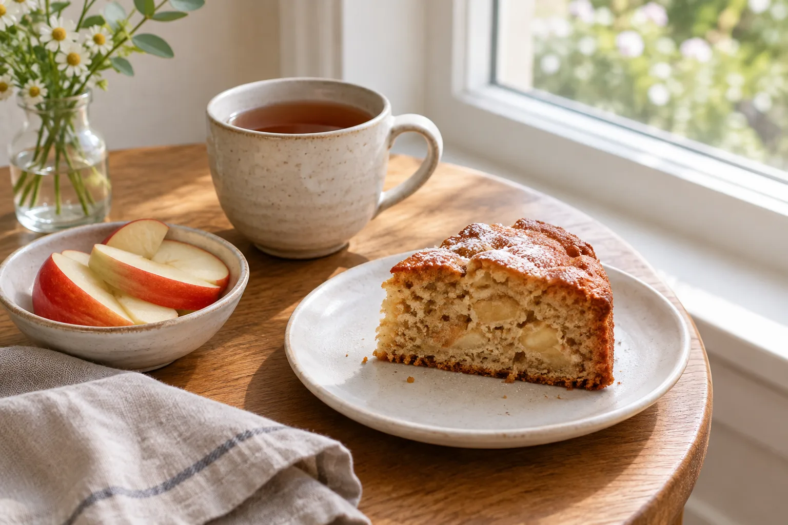 Une tasse de thé accompagnée d’une tranche de gâteau et de quartiers de pomme près d’une fenêtre.