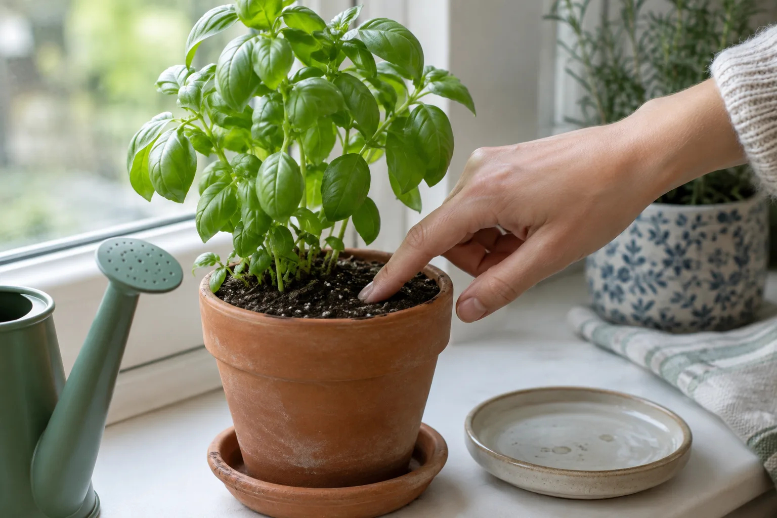 Un doigt vérifie la terre d’un plant aromatique avant de l’arroser.