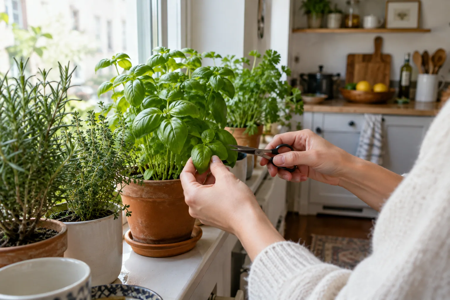 Une main cueille une feuille de basilic sur un pot posé près d’une fenêtre lumineuse.
