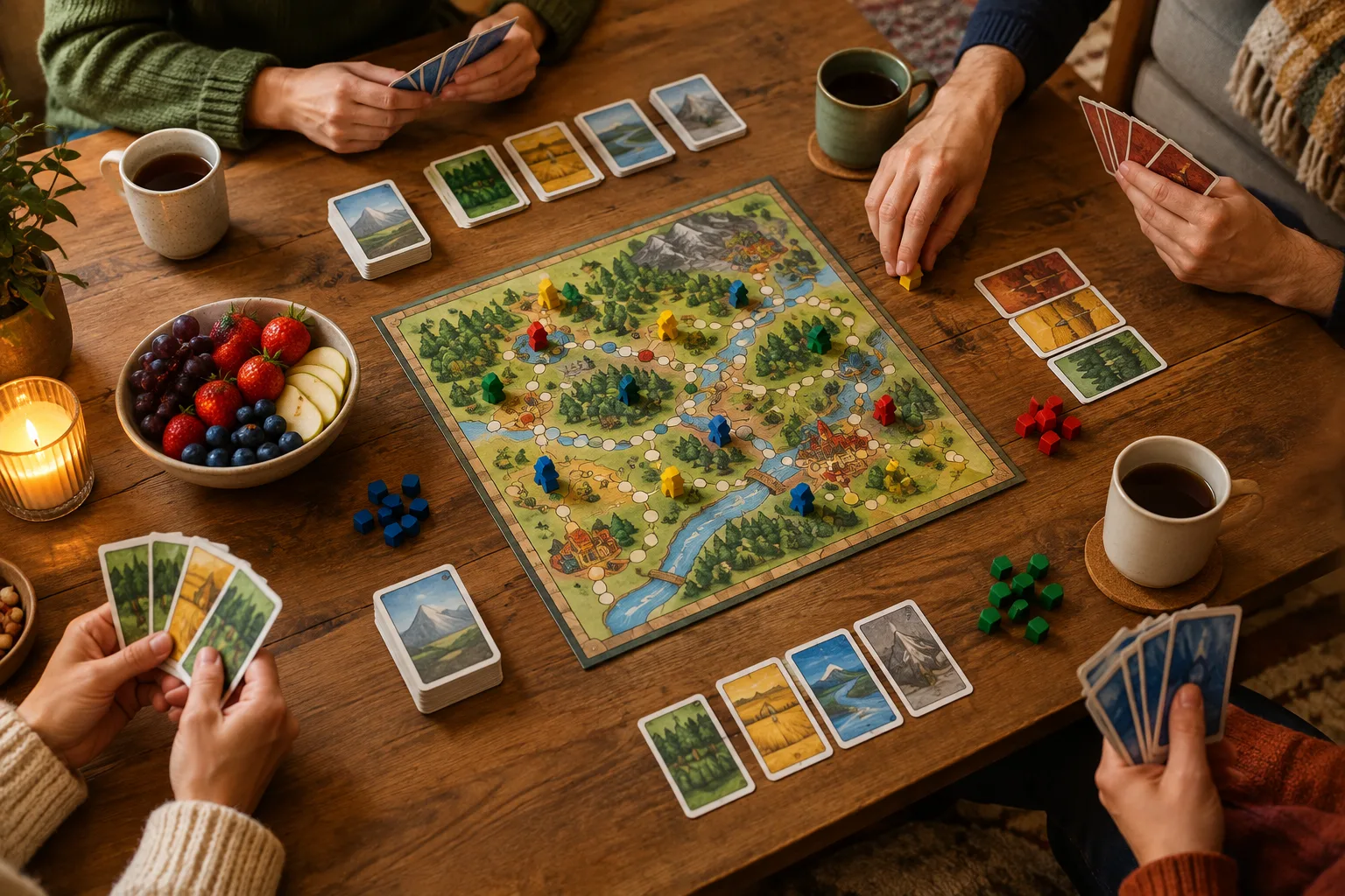 Des mains autour d’une table de salon où sont disposés un jeu de société, des cartes et une collation.