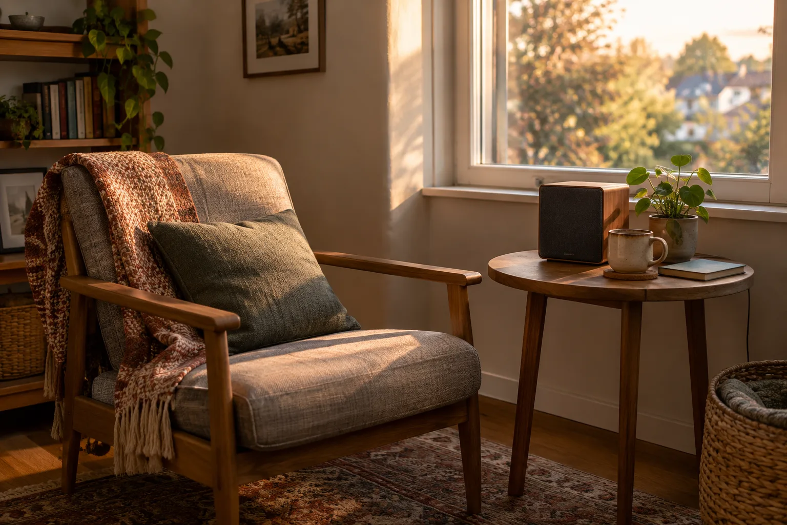 Un fauteuil près d’une fenêtre, une petite enceinte et une boisson chaude composent un coin d’écoute simple.