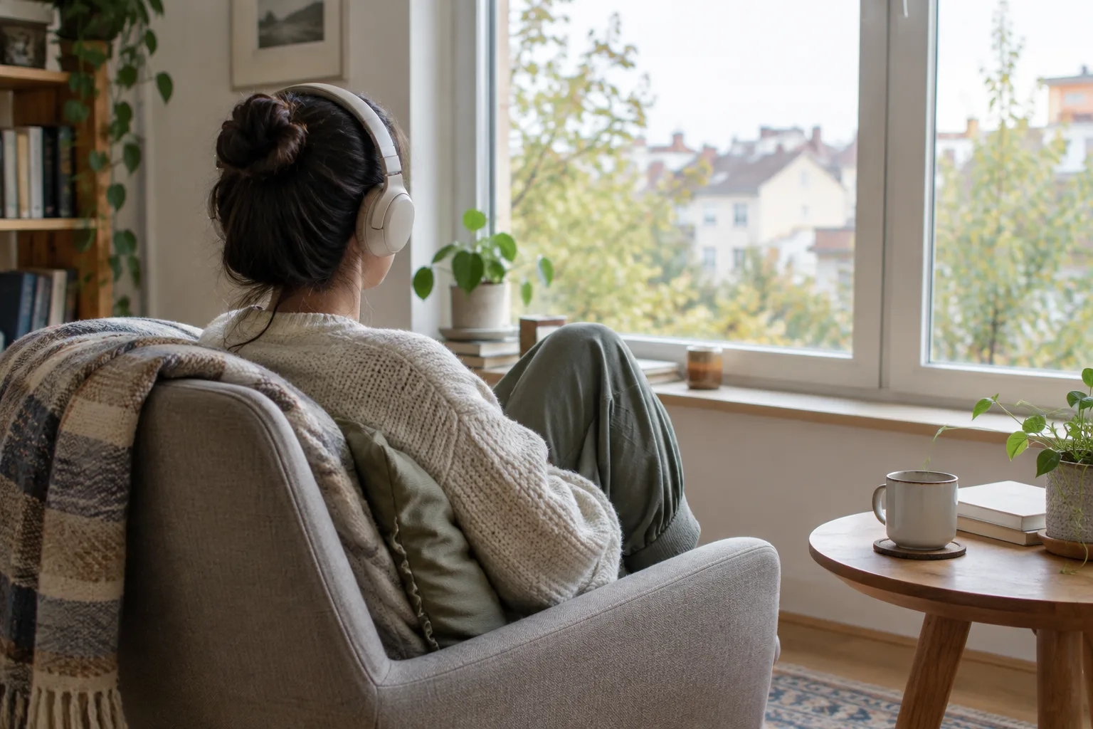 Une personne écoute de la musique près d’une fenêtre, une tasse posée à côté d’elle.