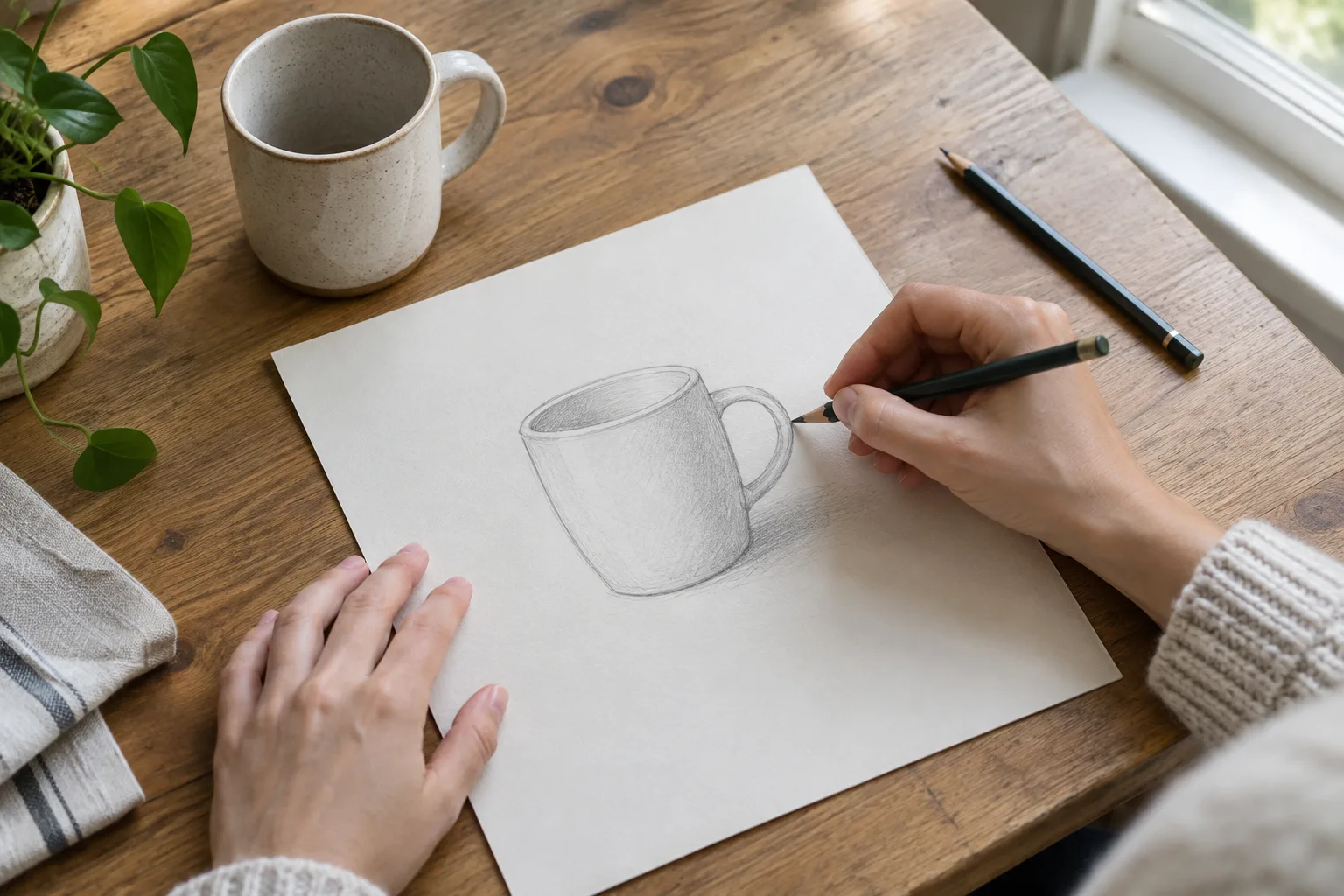 Des mains dessinent une tasse au crayon sur une feuille posée sur une table.
