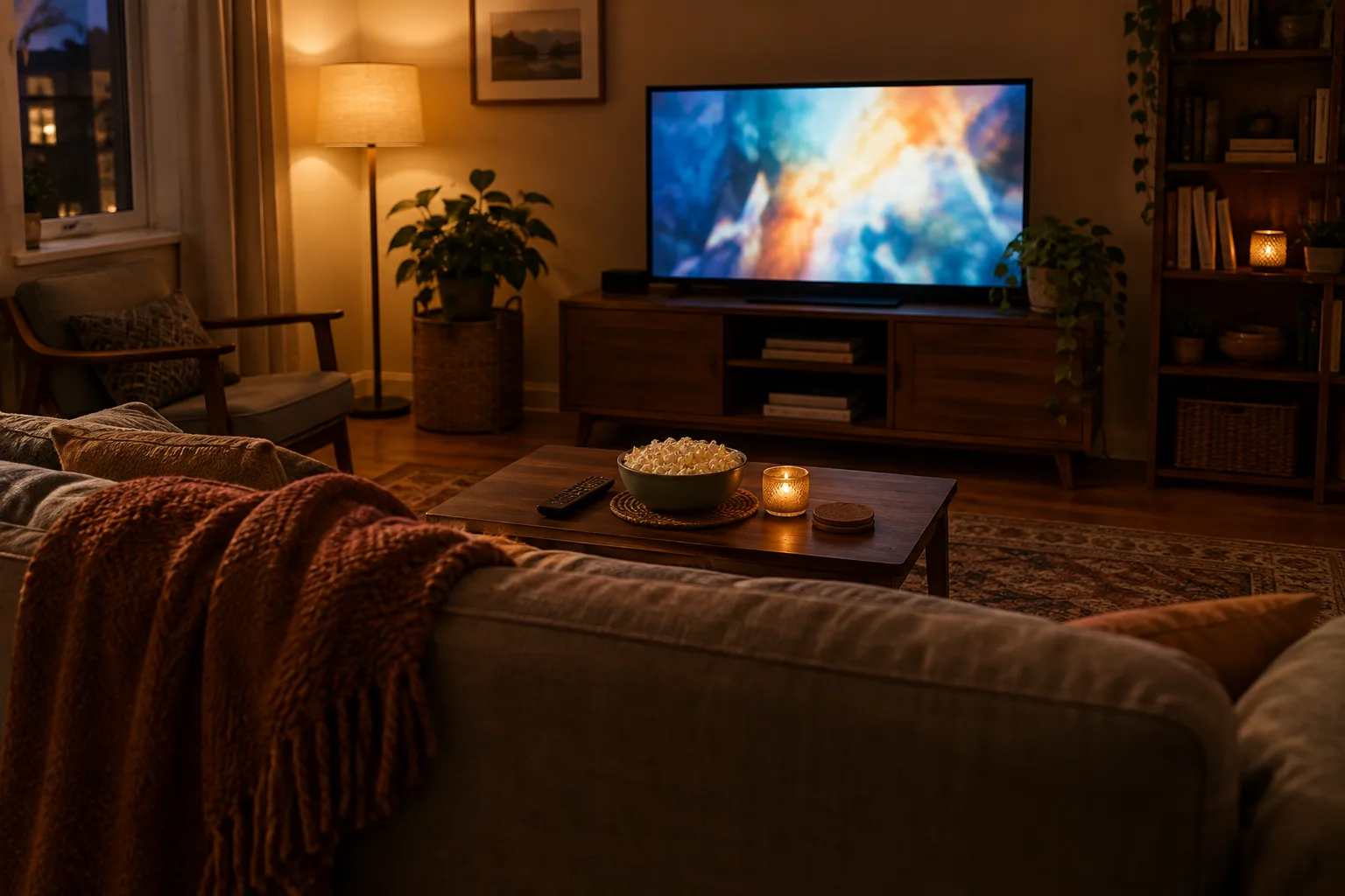 Un canapé avec un plaid et un bol de pop-corn dans un salon éclairé doucement pour une soirée cinéma.
